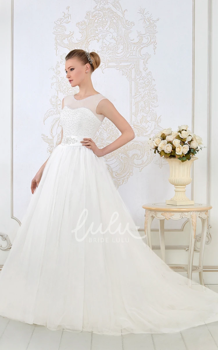 Sleeveless Tulle A-Line Wedding Dress with Beaded Scoop Neck and Waist Jewelry Unique Bridal Gown