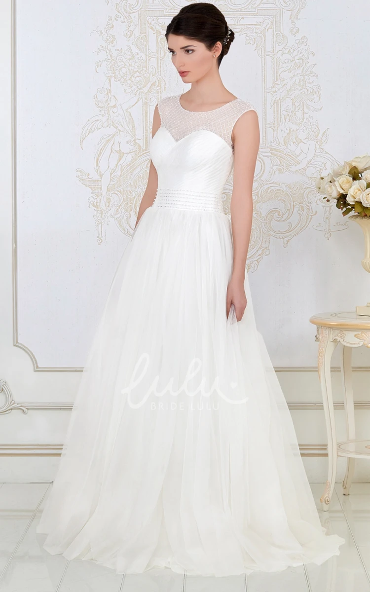 Beaded Tulle A-Line Wedding Dress with Scoop Neck and Criss-Cross Back Floor-Length Bridal Gown