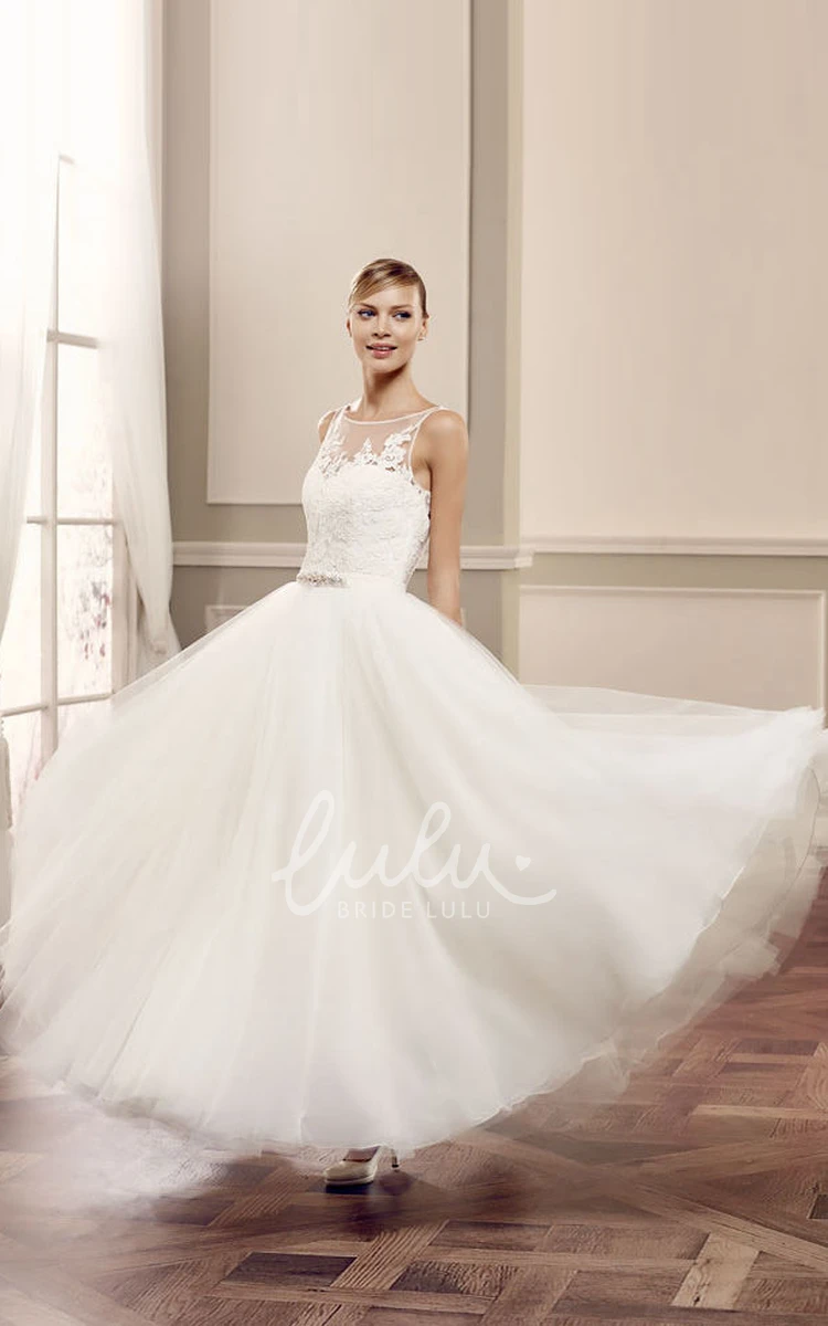 Bateau Appliqued Tulle A-Line Wedding Dress with Pleats