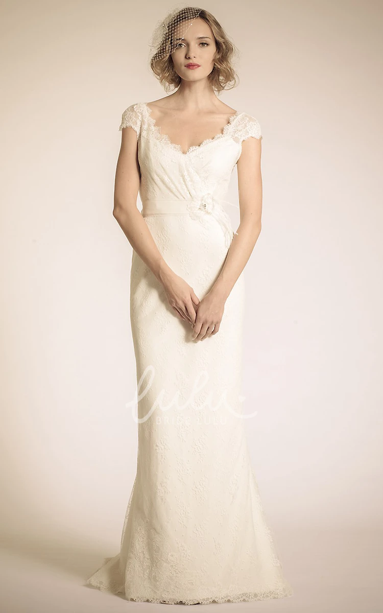 Lace Cap-Sleeve V-Neck Sheath Wedding Dress Floor-Length with Flower and Deep-V Back