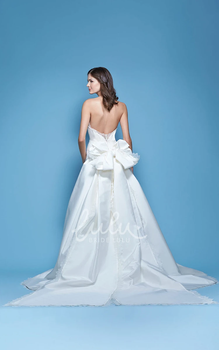 Floor-Length Satin Wedding Dress with Bow and Deep-V Back Sweetheart + Chic