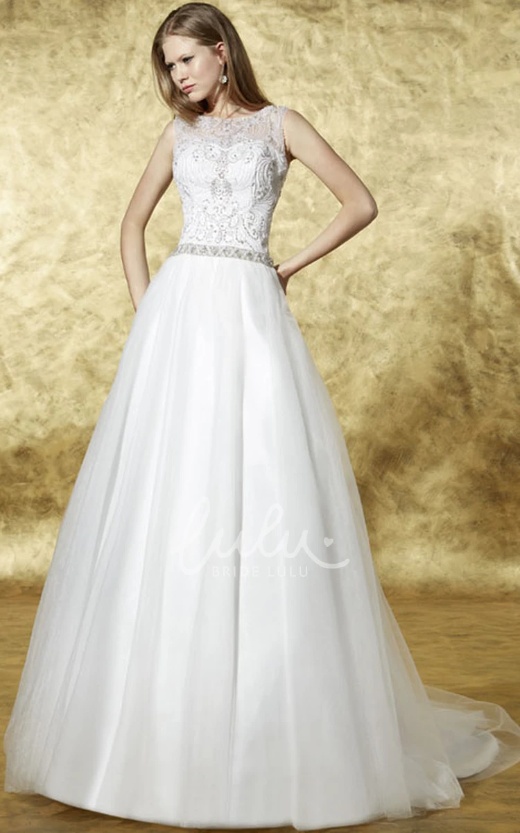 Jeweled Tulle Wedding Dress with Court Train and Illusion Long Scoop Wedding Dress