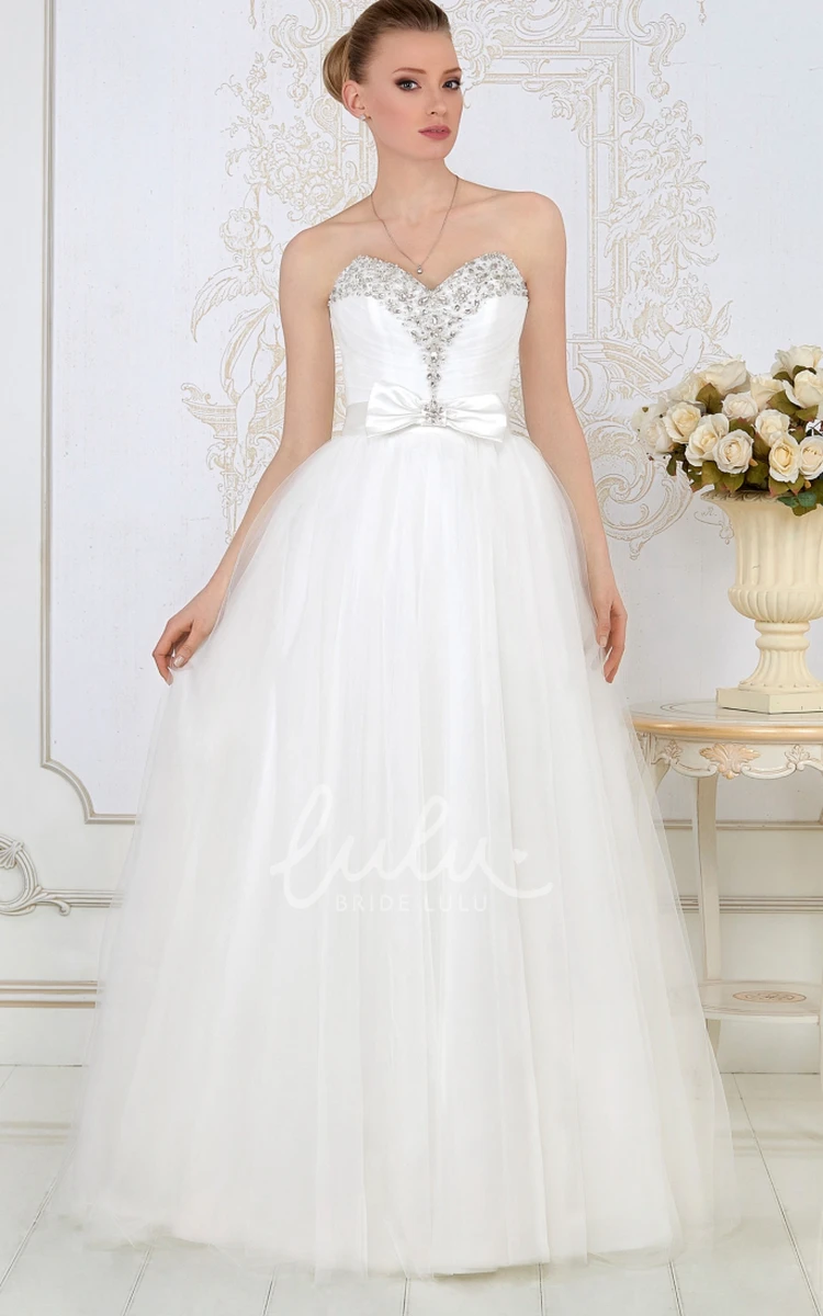 Sweetheart Beaded Tulle Wedding Dress with Bow and Ruching A-Line Maxi