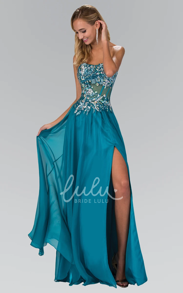 Backless Chiffon Sheath Prom Dress with Beading and Front Split