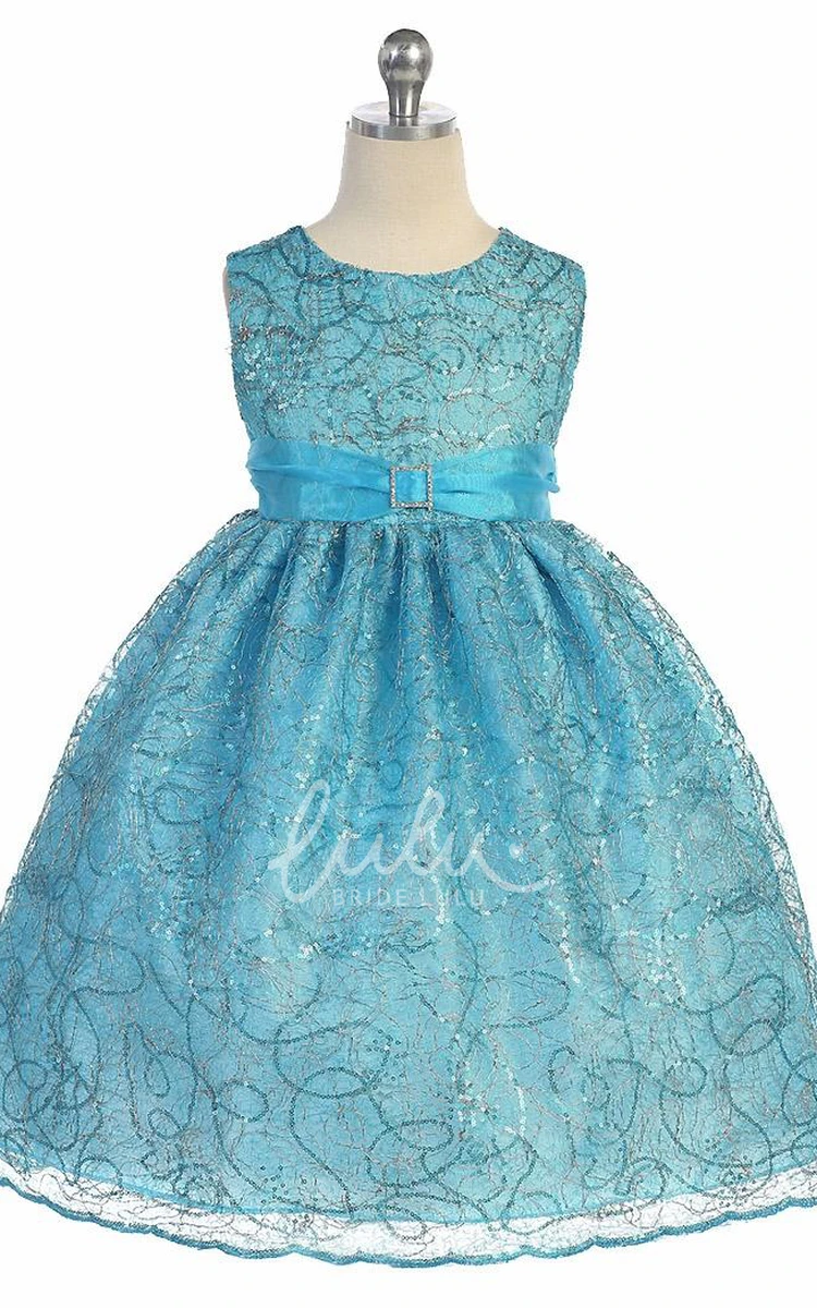 Broach Tiered Beaded Sequins&Organza Tea-Length Flower Girl Dress With Sash Modern Dress for Girls