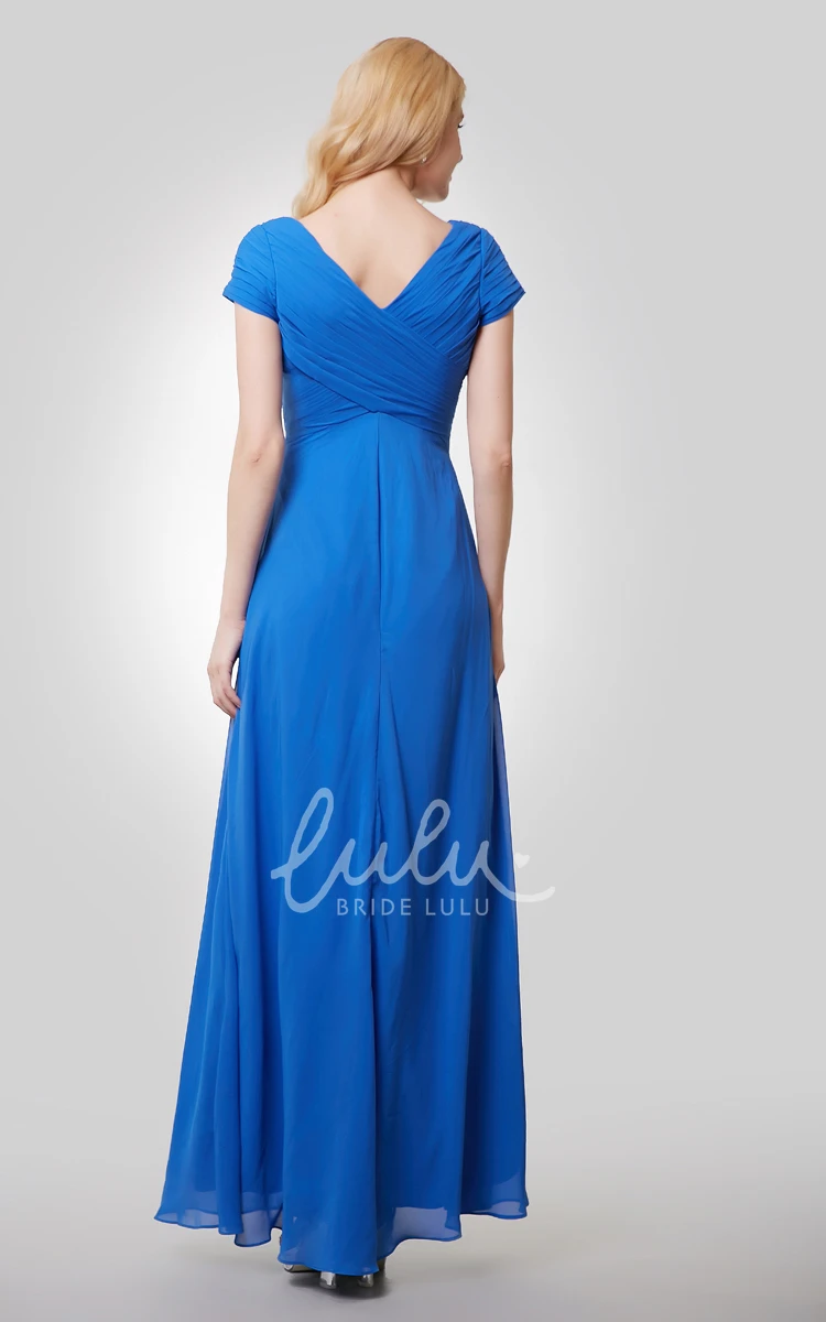 Short Sleeve V-Neck Chiffon Bridesmaid Dress with Ruching Flowy and Elegant