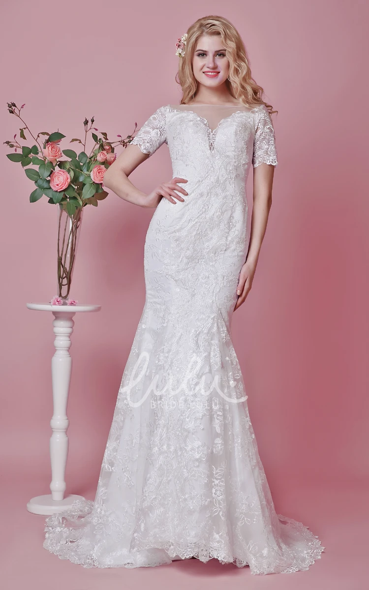 Lace Illusion Back Short Sleeve Trumpet Wedding Dress Modest & Elegant