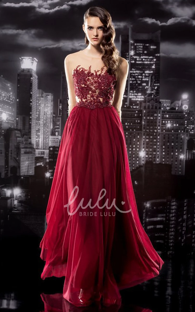 Maxi Illusion Formal Dress with Scoop-Neck Long Sleeves and Chiffon Appliques