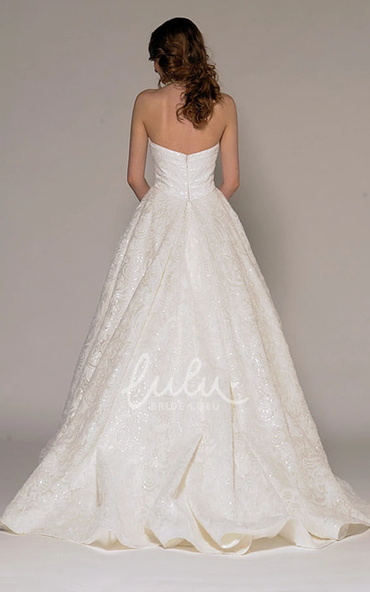 Beaded V-Back High-Low Lace Wedding Dress with Strapless Neckline