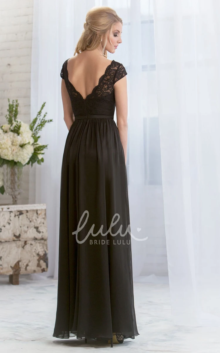 Cap-Sleeved V-Neck A-Line Bridesmaid Dress with Lace Bodice and V-Back Unique Cap-Sleeved A-Line Bridesmaid Dress with Lace Bodice and V-Back