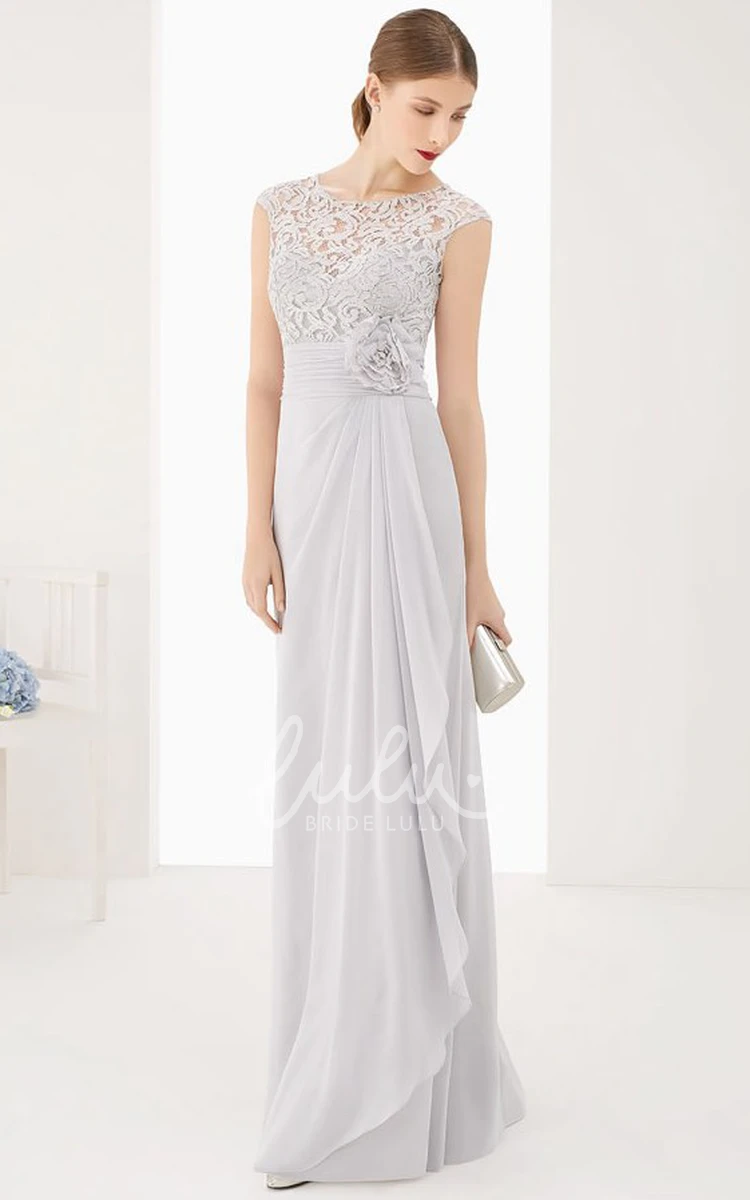 Chiffon Long Dress with Lace Top and Waist Flower Elegant Formal Dress