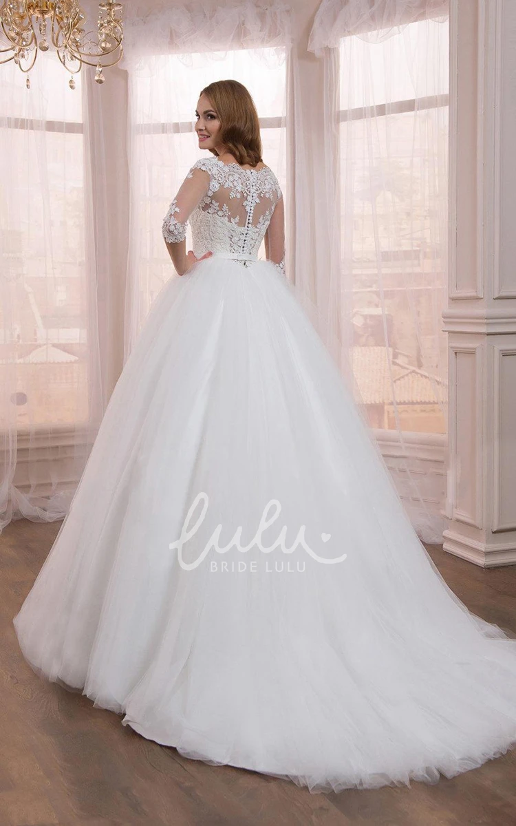 Appliqued Tulle Ball Gown Dress with Half Sleeves