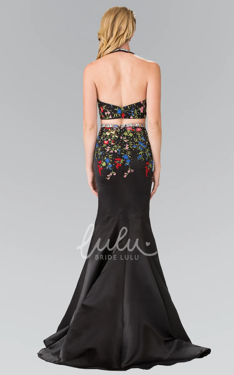 Embroidered Satin Two-Piece Sheath Dress for Prom or Formal Events