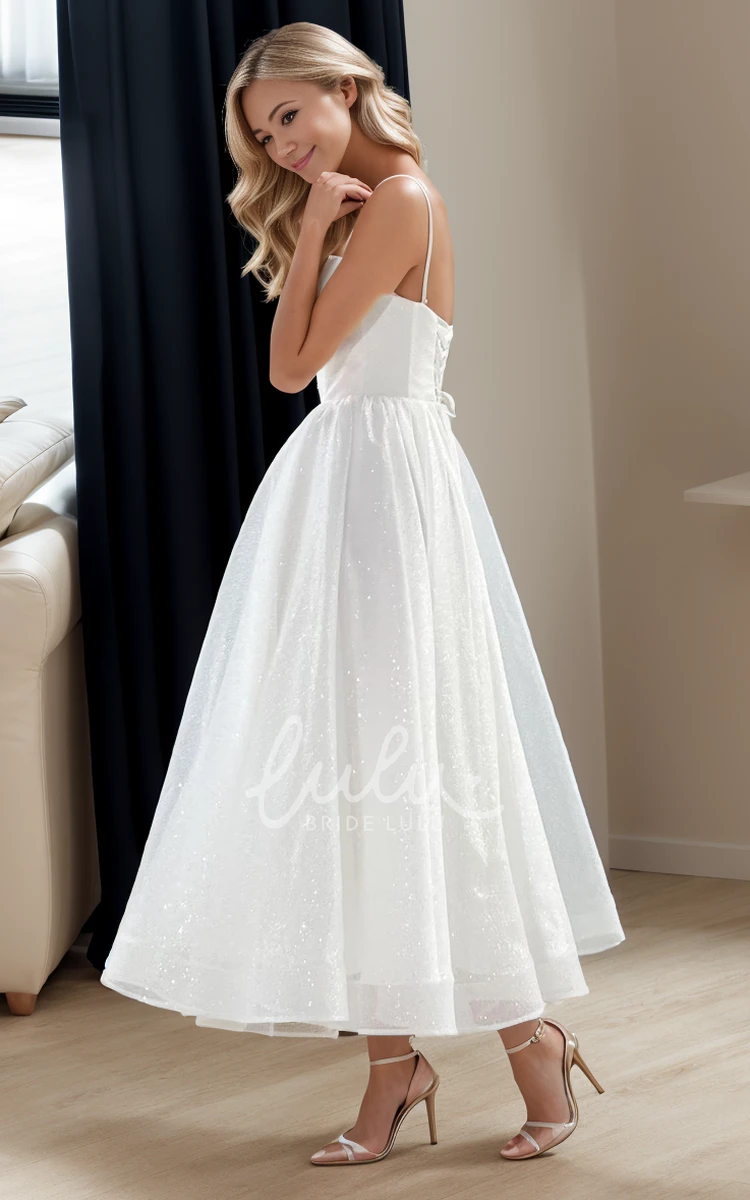 Simple A-Line Modern Sparkly Midi Spaghetti Wedding Dress Corset Back Ankle Length Gown