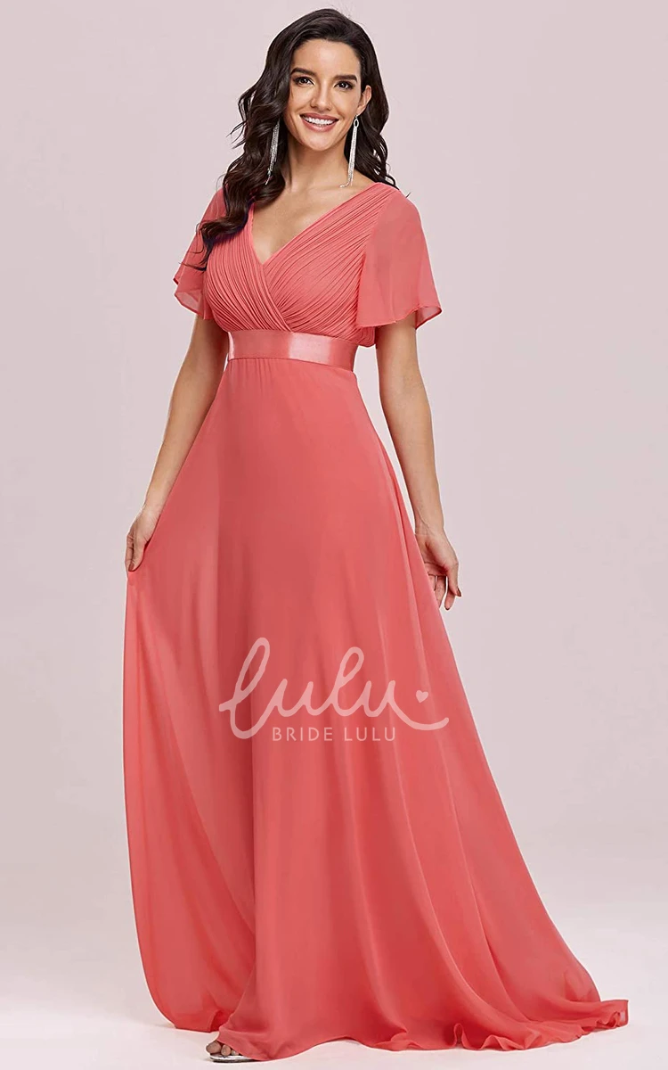 Romantic Chiffon V-neck A-line Prom Evening Dress with Ruffles and Short Sleeves Bridesmaid Dress