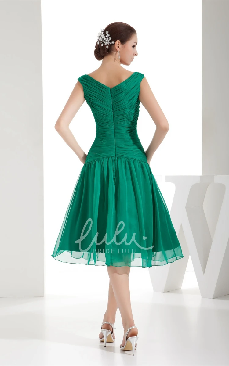 Bateau Knee-Length Dress with Ruched Criss-Cross and Tulle Overlay Unique