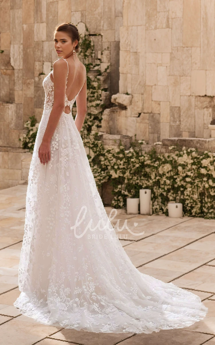 Whimsical Floral Boho A-Line Lace Plunging Neckline Wedding Dress Ethereal Modern Spaghetti Strap Backless Bridal Gown