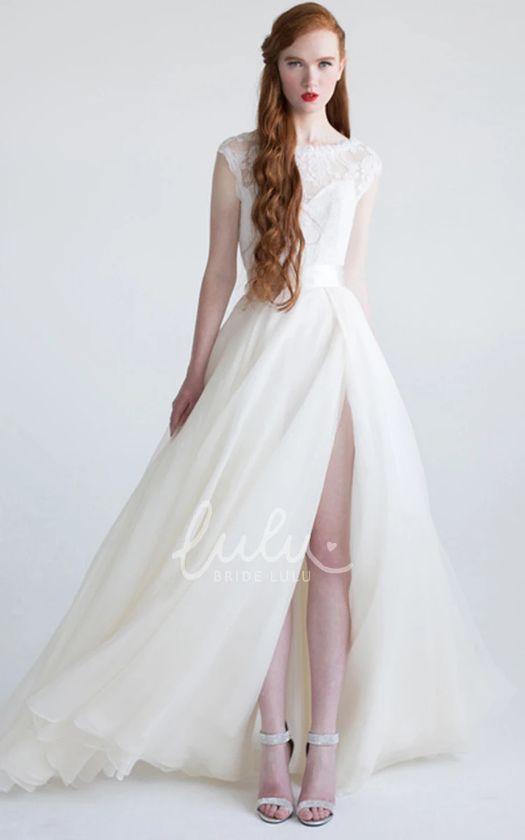 Split-Front Tulle Wedding Dress With Appliques And Bow Cap-Sleeve A-Line Bateau-Neck