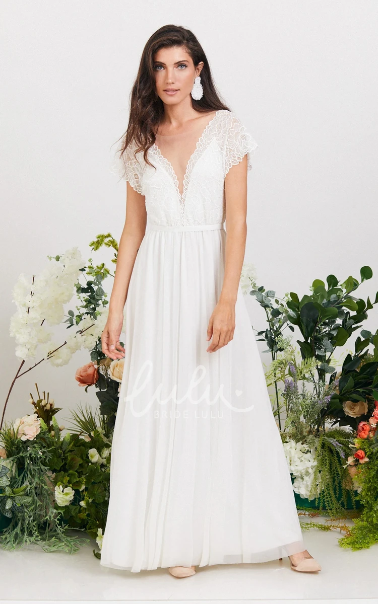 Vintage Bohemian A-Line Wedding Dress Short Sleeve Bridal Gown with Deep V-Neck
