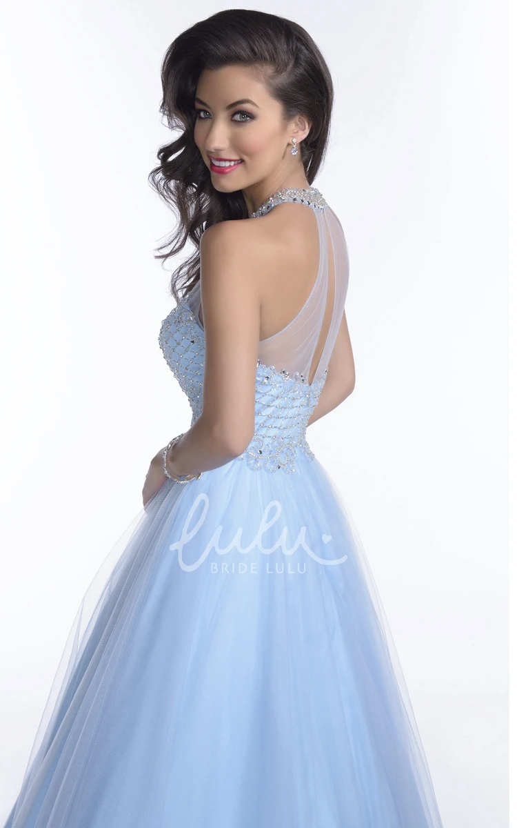 Rhinestone Halter Tulle A-Line Prom Dress with Sweetheart Neckline Women's Prom Dress