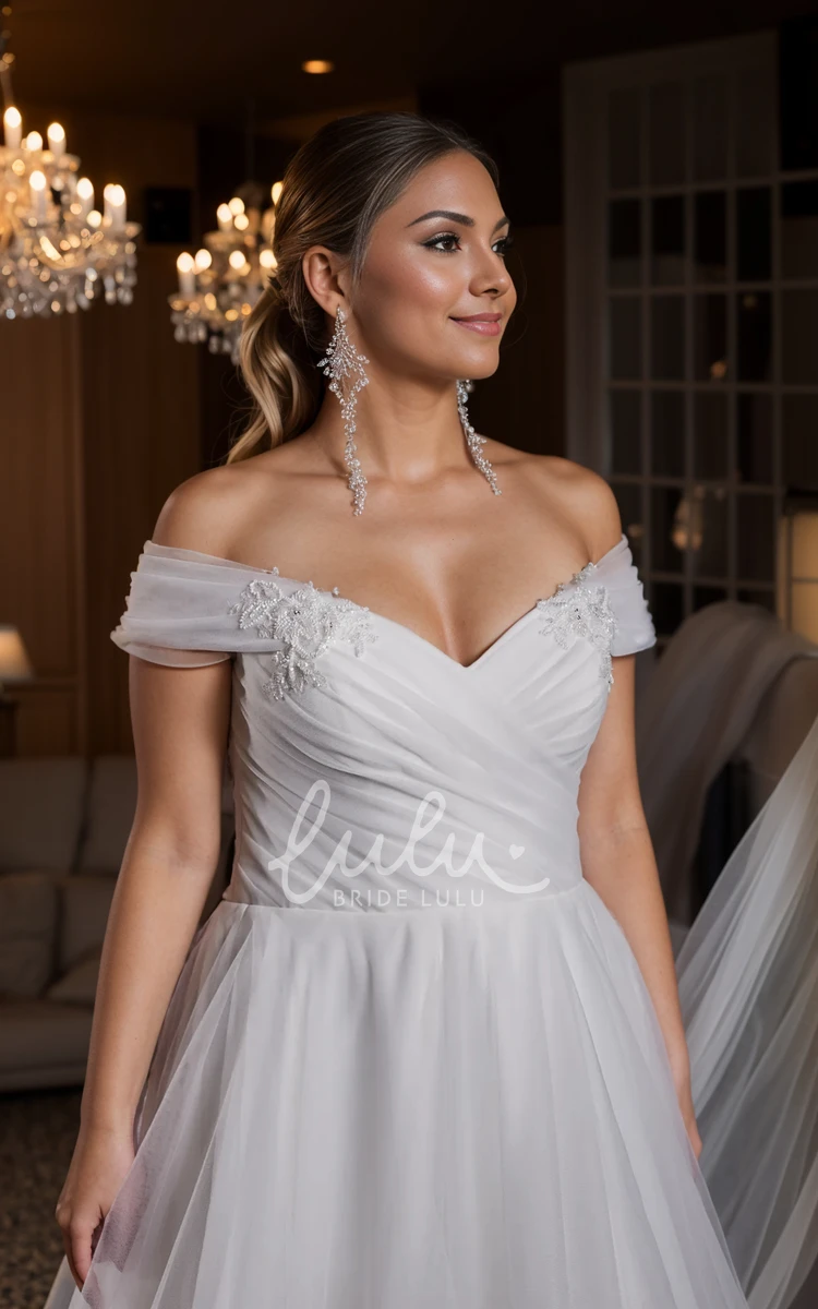 Romantic Vintage Plus Size A-Line Off-the-Shoulder Wedding Dress Ethereal Casual Ruched Beaded Organza Sweep Train Bridal Gown