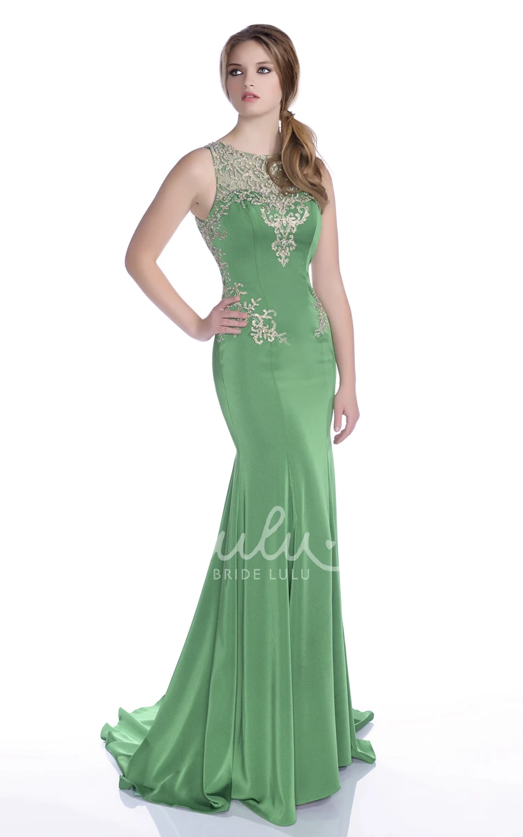 Mermaid Jersey Prom Dress with Rhinestone Appliques and Keyhole Back Sleeveless