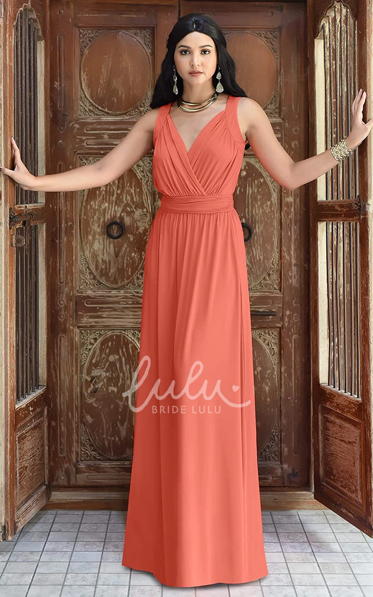 Chiffon V-neck A-line Bridesmaid Dress with Ruching Casual Floor-length