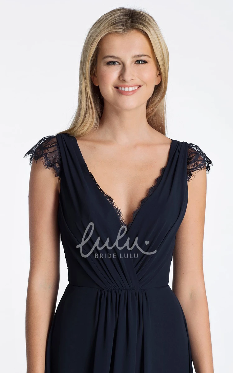A-Line Chiffon Bridesmaid Dress with Cap-Sleeves Long Ruched V-Neck Lace and Keyhole Back