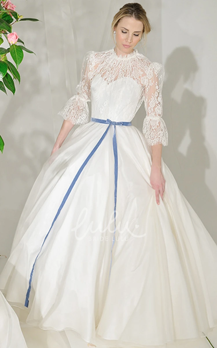 Maxi Satin Wedding Dress with Puff-Sleeves and Lace High Neckline