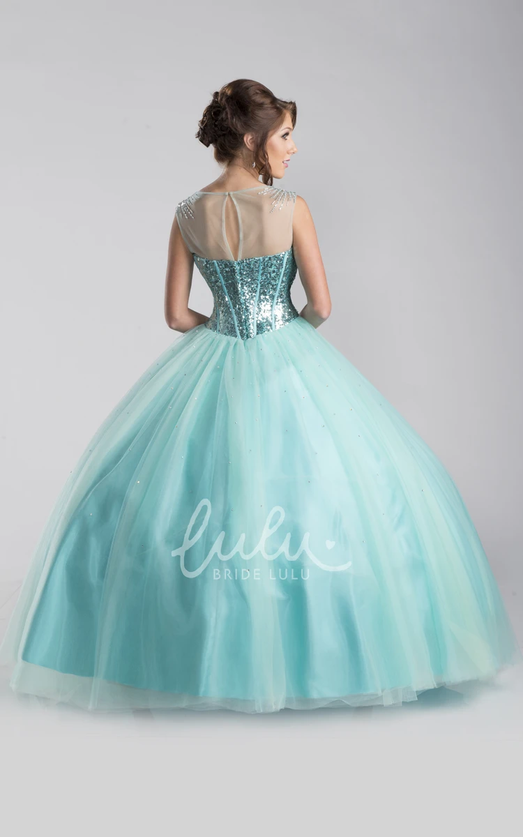 Sequined Bodice Tulle A-Line Prom Dress with Keyhole Back