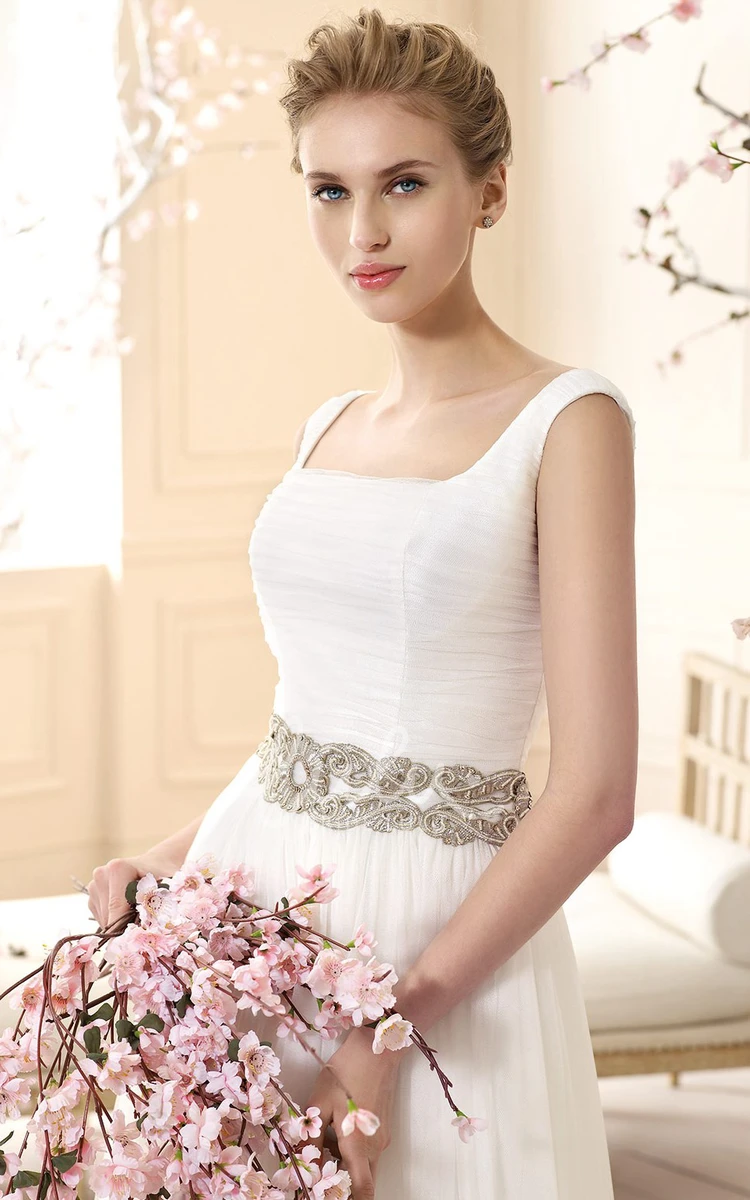 Ruched A-Line Square-Neck Maxi Tulle Wedding Dress with Waist Jewelry Stunning Bridal Gown