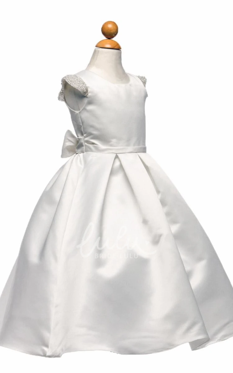 Pleated Cap-Sleeve Satin Tea-Length Flower Girl Dress with Elegant Design