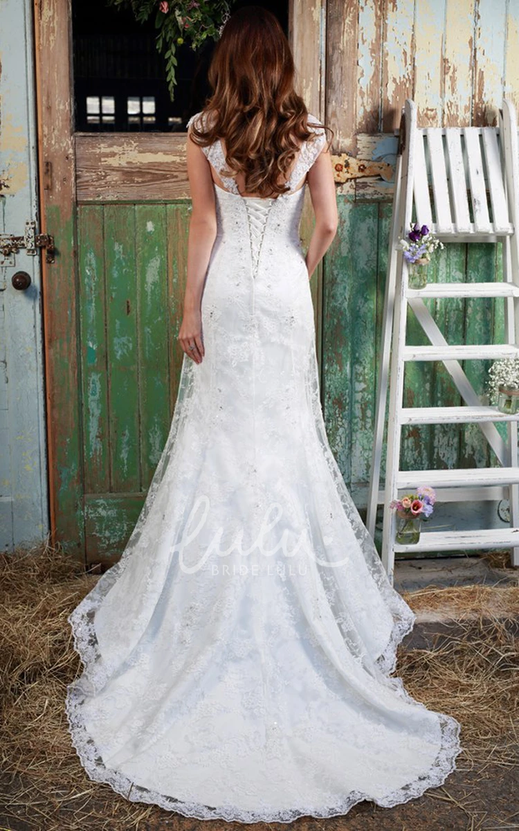 Cap-Sleeve Appliqued Lace Sweetheart Wedding Dress Flowy Bridal Gown with Lace Up Back