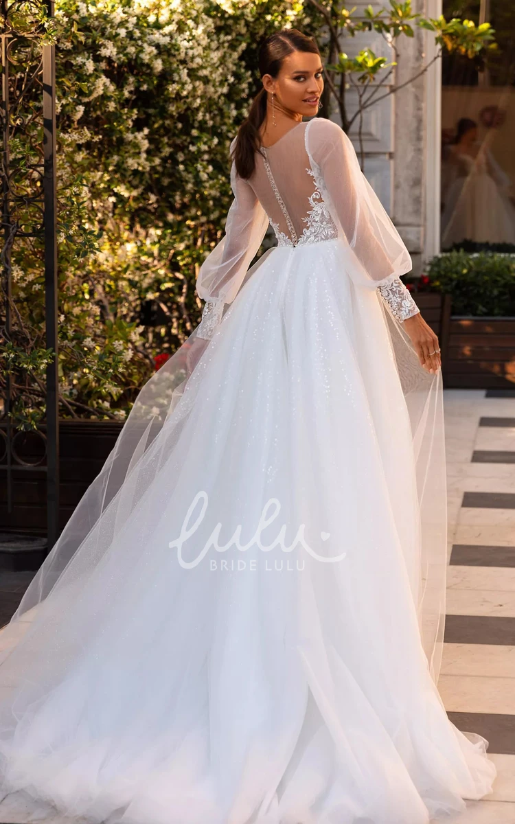 Casual Lace Ball Gown Wedding Dress with Brush Train & Plunging Neckline