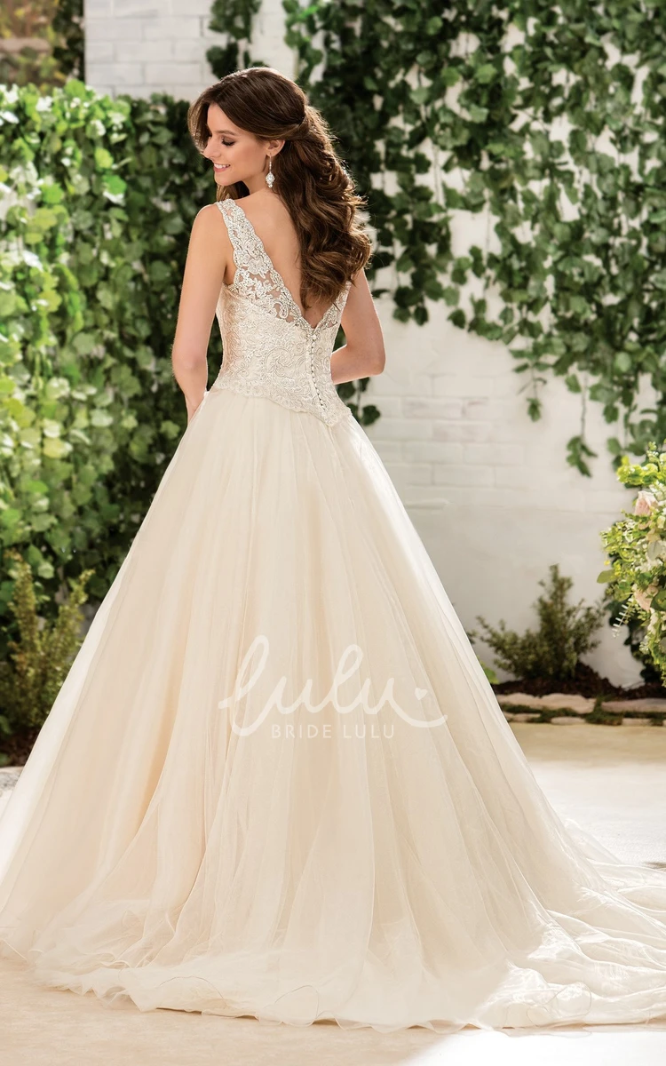 Sleeveless A-Line Wedding Dress with V-Neckline Beadings and Appliques