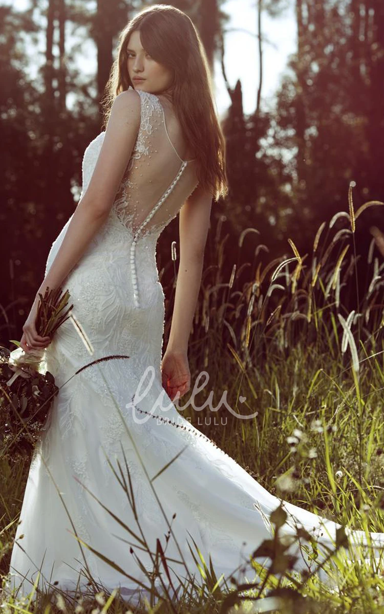 Lace&Tulle Mermaid Wedding Dress with Beading and Illusion Sleeveless Scoop-Neck