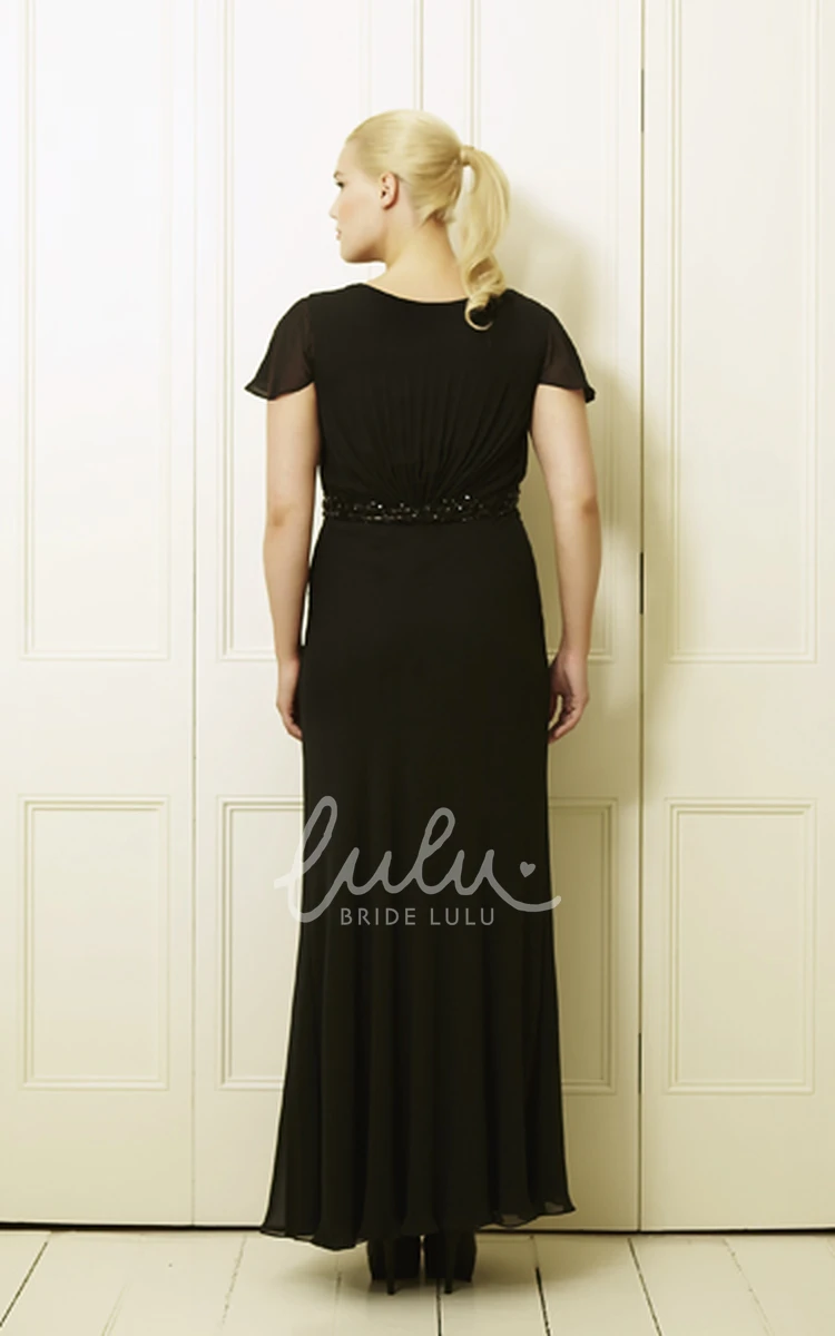 Plus Size Prom Dress Ankle-Length Chiffon Beaded Poet-Sleeve Scoop-Neck Draping