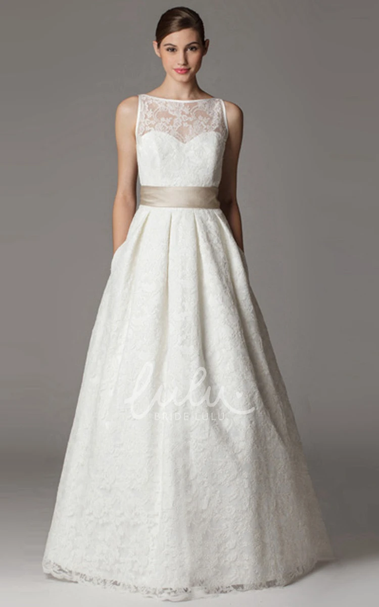 Appliqued Bateau-Neck Lace Wedding Dress with Bow A-Line Sleeveless