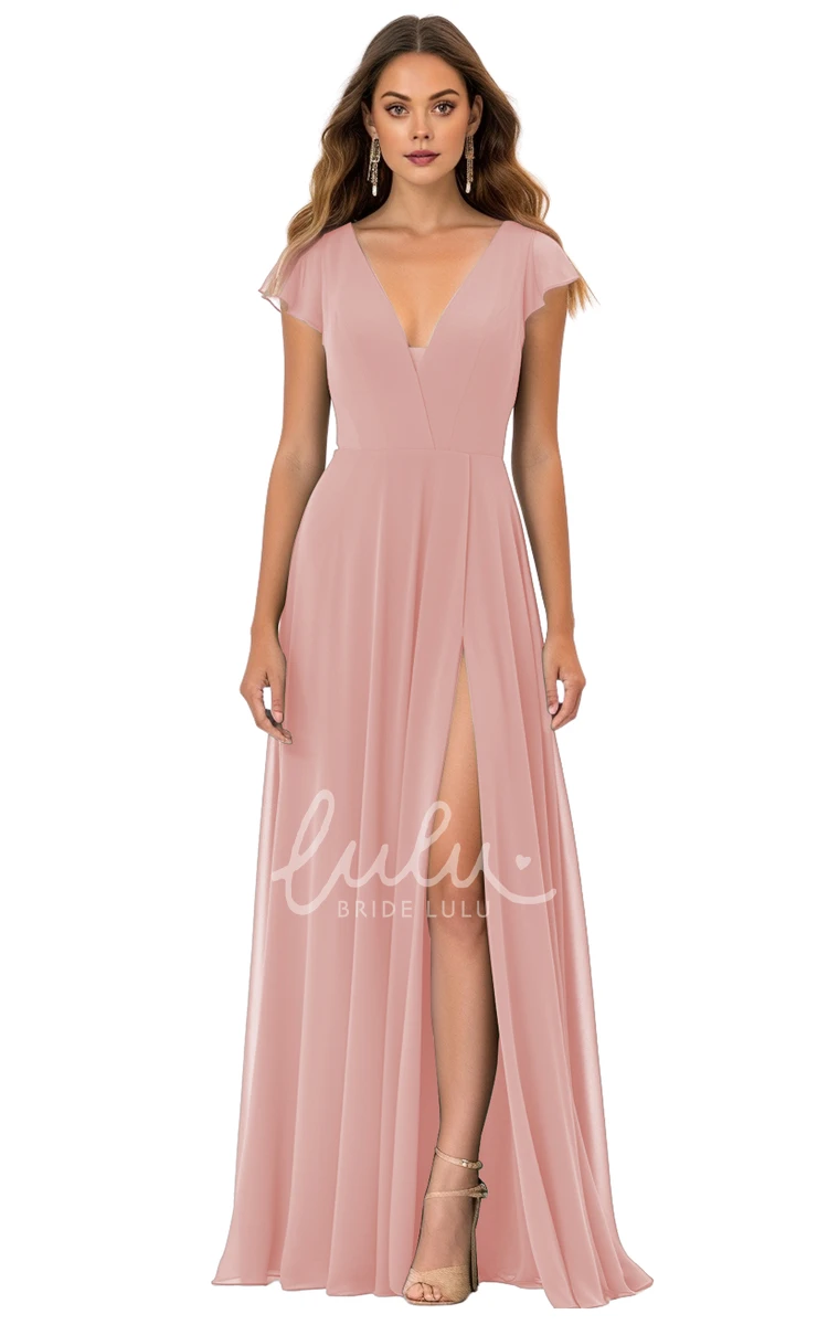 A-Line V-neck Chiffon Bridesmaid Dress with Split Front Modest and Classy