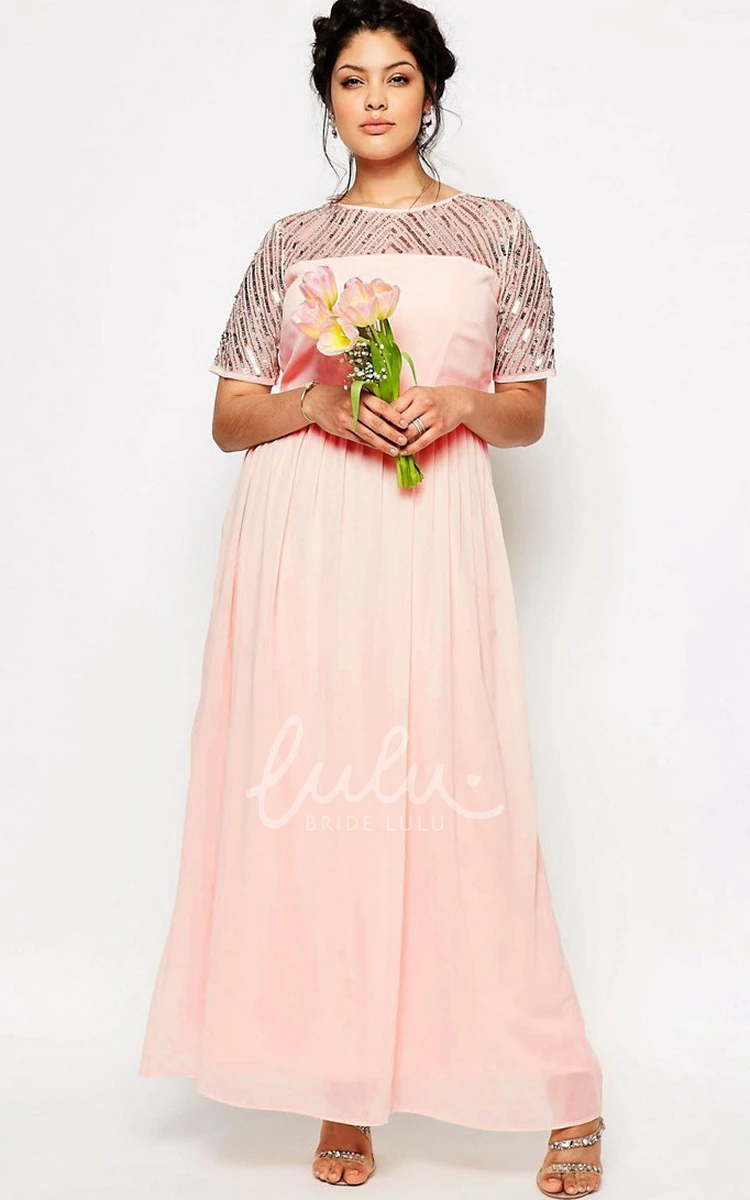 Sheath Ankle-Length Chiffon Bridesmaid Dress with Short Sleeves and Pleats
