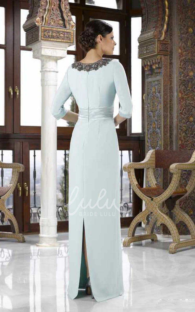 Chiffon V-Neck Mother Of The Bride Dress with Split Back and Lace Sleeves 3/4 Sleeve