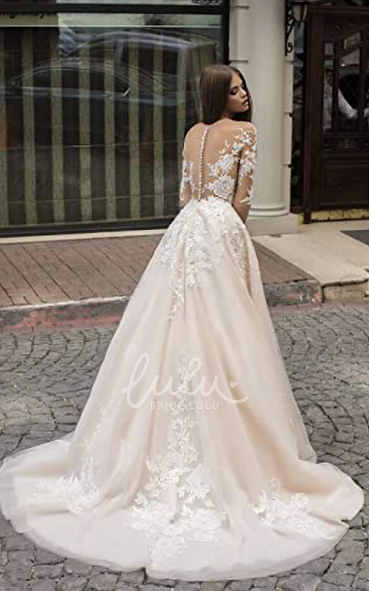 Lace V-neck A-Line Wedding Dress with Illusion Sleeves Elegant Wedding Dress for Beach and Garden Weddings
