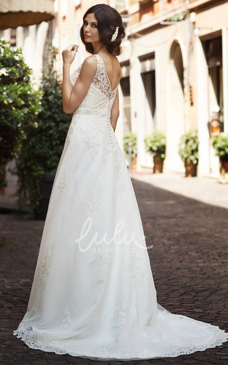 Satin&Lace A-Line Wedding Dress with Scoop Neck and Beaded Floor-Length