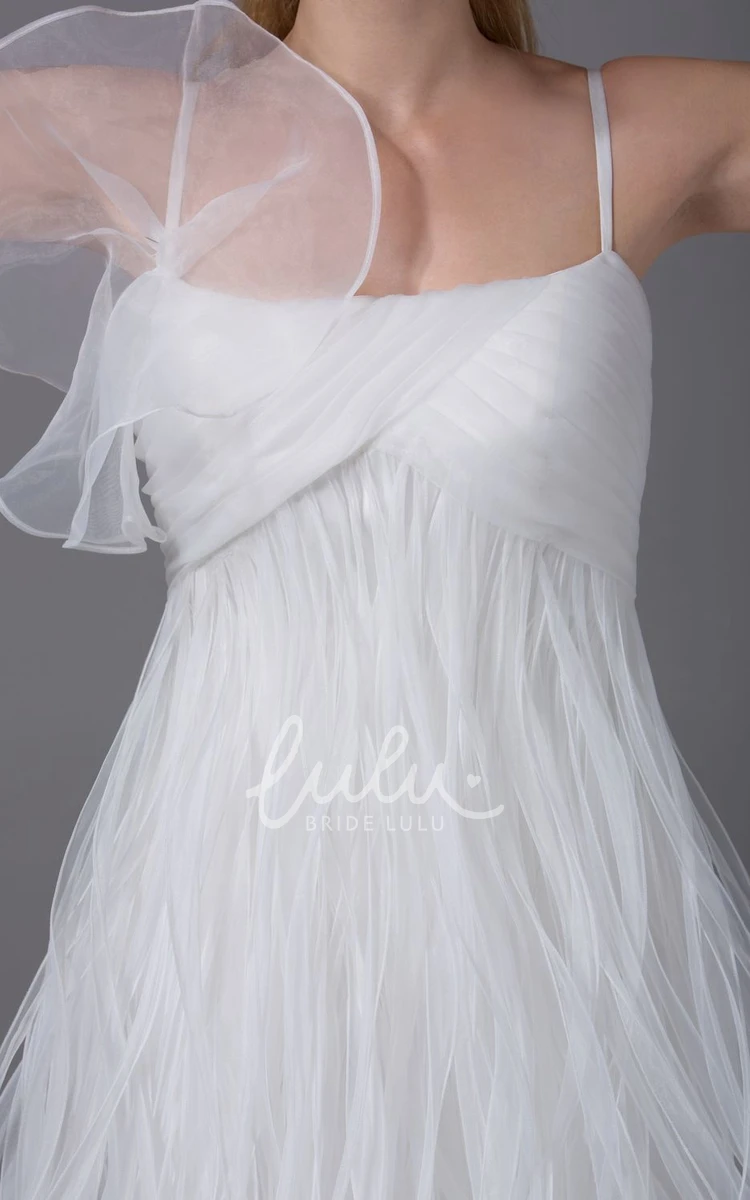 Knee-Length Organza Wedding Dress With Thread Design and Spaghetti Straps