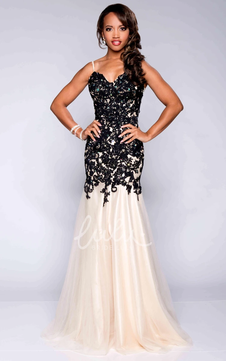 Lace and Tulle Trumpet Prom Dress with Spaghetti Straps Flowy Formal Dress