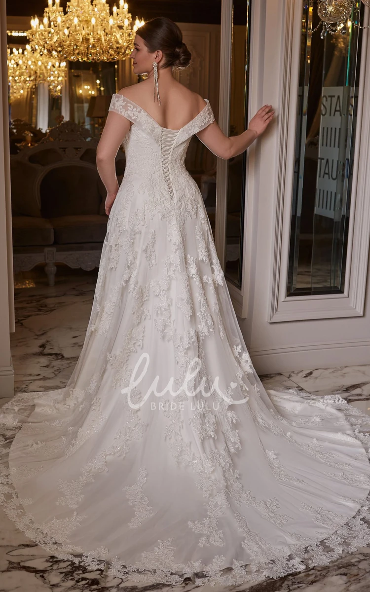 Short Sleeve Lace A Line Wedding Dress with Court Train and Appliques Elegant Style