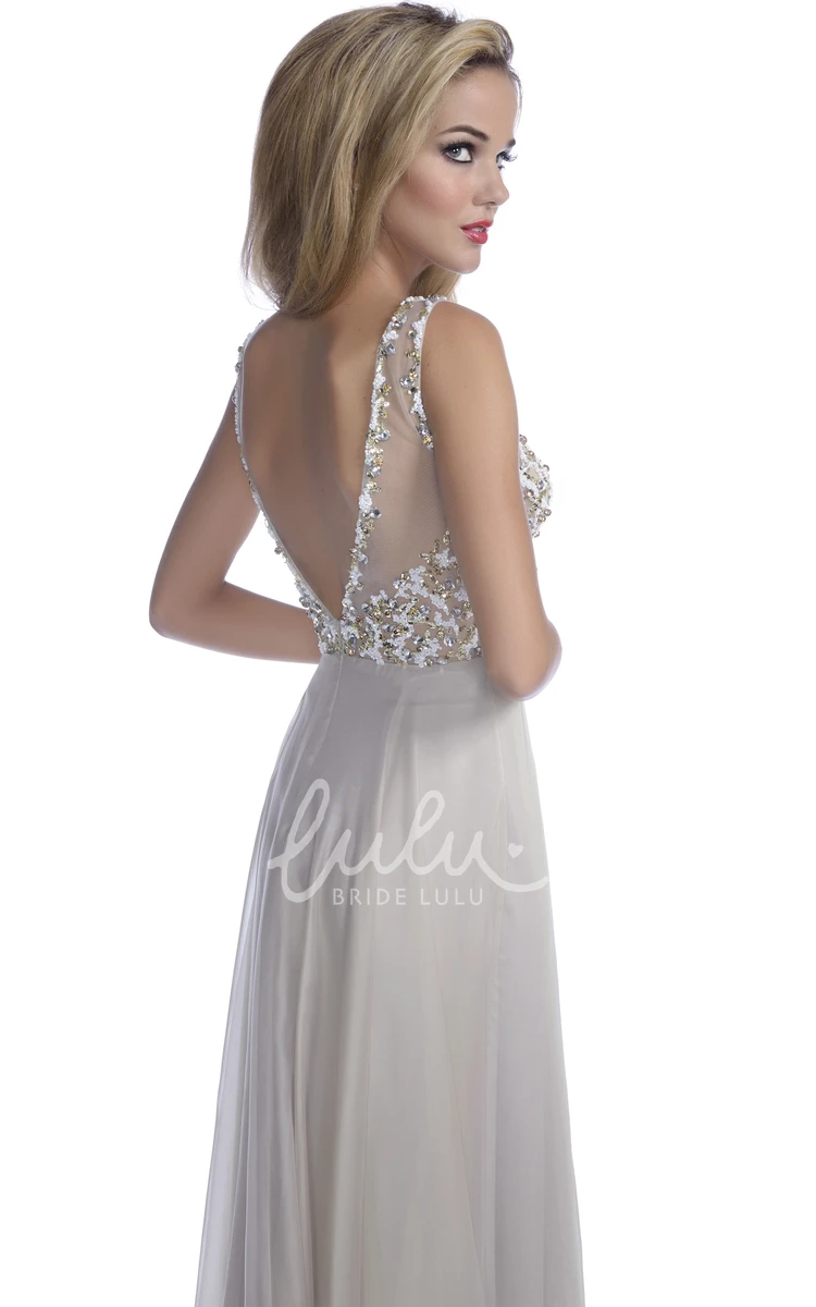 Chiffon Sleeveless Prom Dress with Sequined Bodice Long A-Line Style