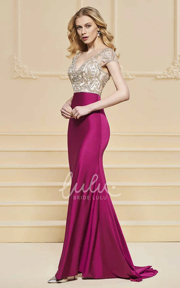 Illusion Beaded Satin Sheath Prom Dress with Plunging Neckline