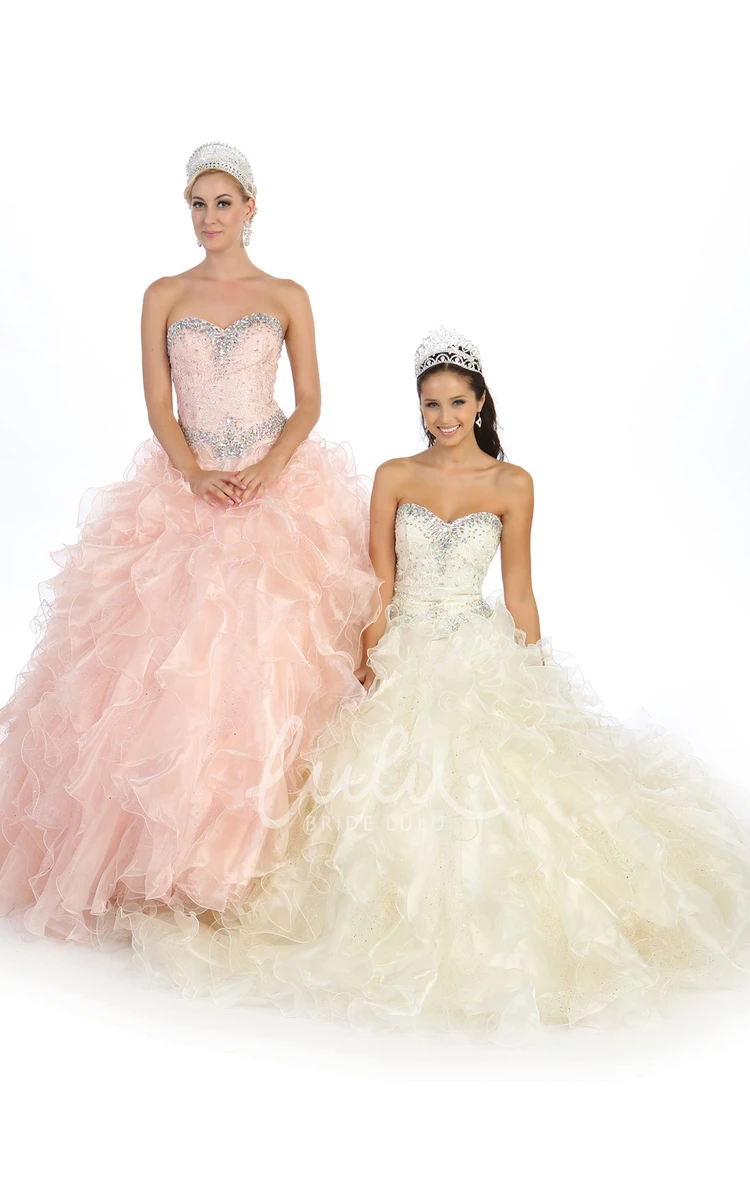 Beaded Ruffled Ball Gown Dress Sweetheart Organza Lace-Up