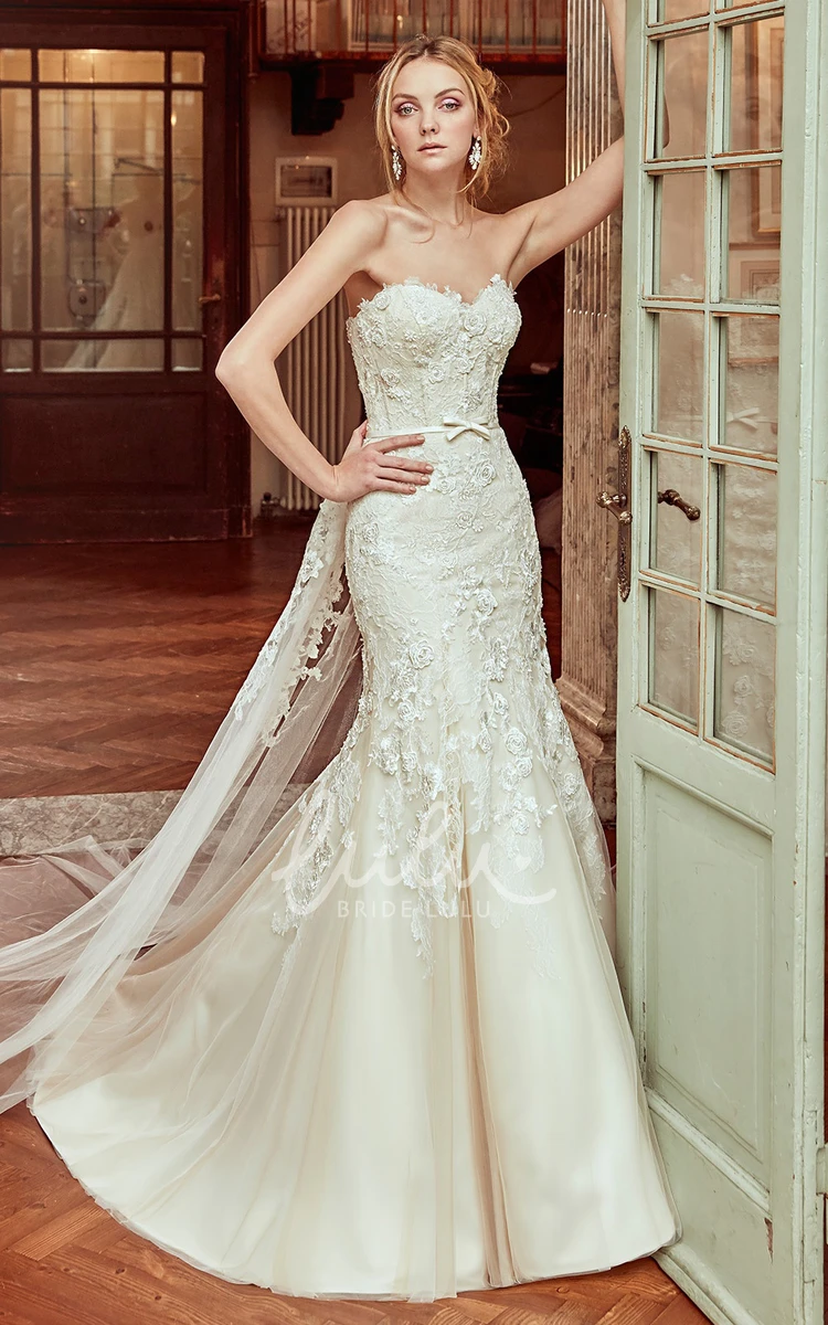 Satin Sash Mermaid Wedding Dress with Lace Appliques and Sweetheart Neckline